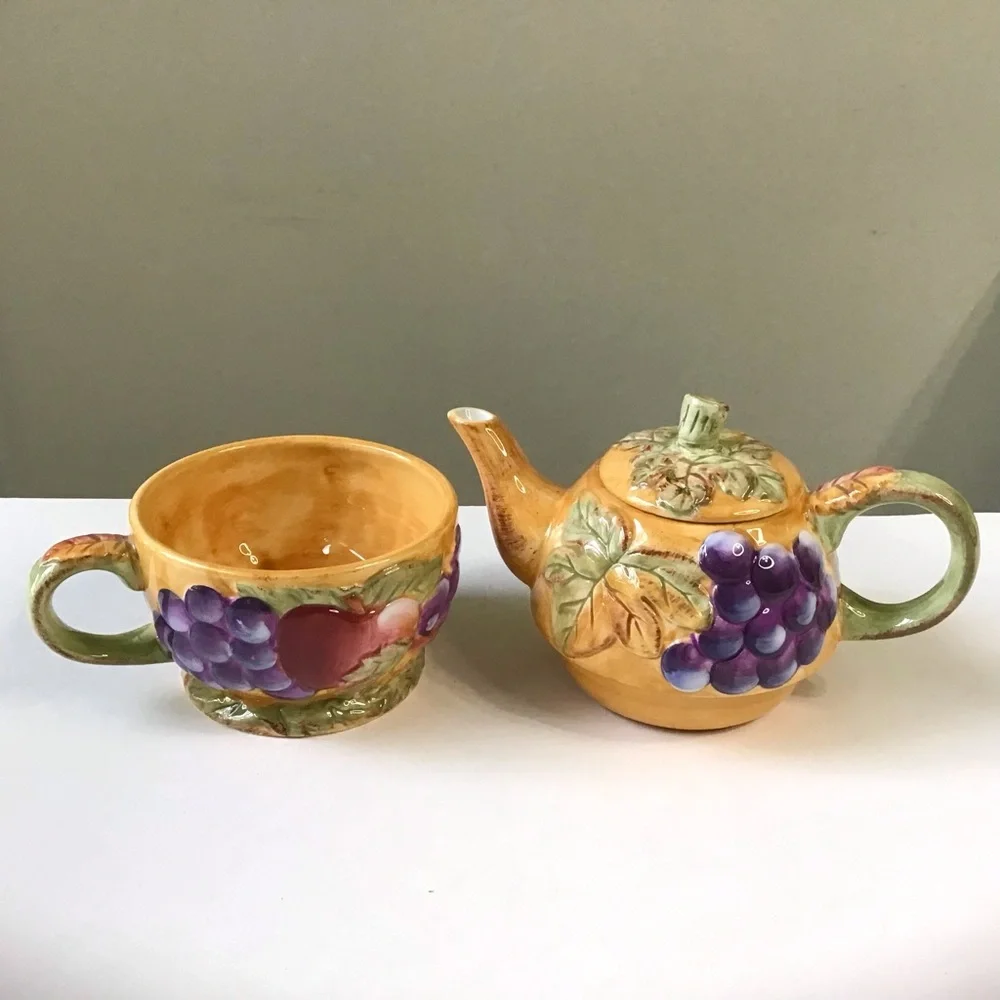Vintage Gibson Tea For One Stacked Teapot & Cup Set Harvest Pantry Fruit Leaves